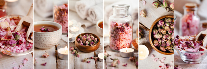 Concept of spa treatment with roses - collage, banner. Crystals of sea pink bath salt, candle. Atmosphere of relax and pleasure. Anti-stress and detox procedure. Luxury lifestyle. Wooden background - obrazy, fototapety, plakaty