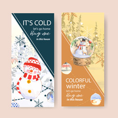 Winter home flyer design with snowman watercolor illustration.