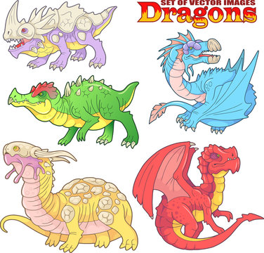 cartoon scary carnivorous dragon went hunting, funny illustration