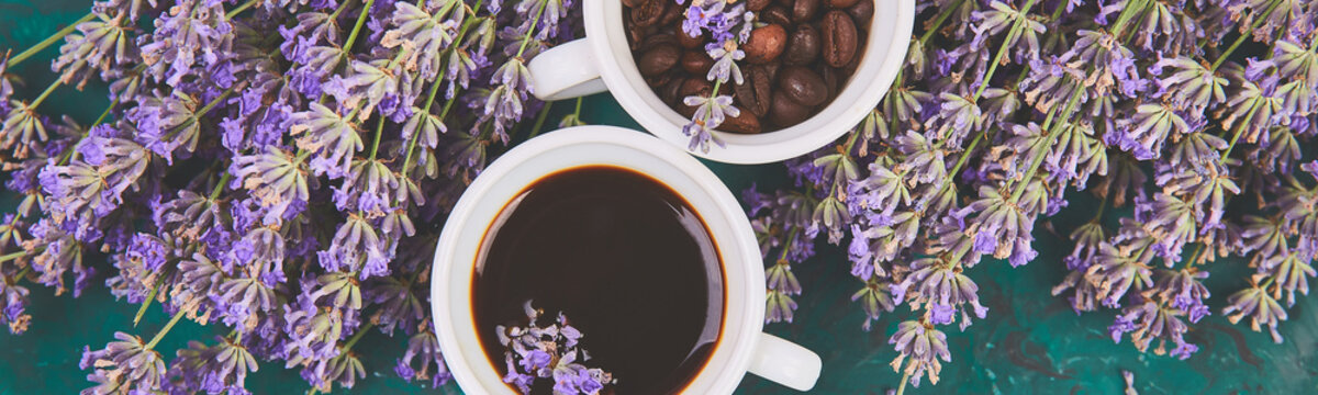 Banner of Coffee, coffee grain in cups and lavender flower on green background