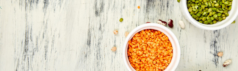 Banner of Collection set of beans and legumes. Bowls of various lentils