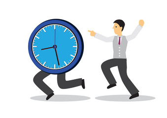 Businessman running after a running clock. Concept of time management or urgency.