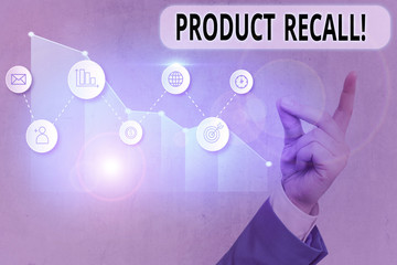 Text sign showing Product Recall. Business photo showcasing process of retrieving potentially...