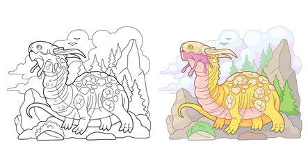 cartoon scary carnivorous dragon went hunting, funny illustration