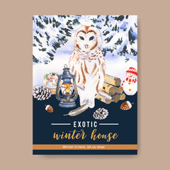 Winter home poster design with owl, lamp, feather watercolor illustration.
