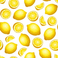 Wallpaper murals Lemons Vector seamless pattern with yellow lemon fruit on a white background.