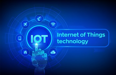 IOT. Internet of Things technology concept on virtual screen. Wireless communication network. Intelligent system automation. Robotic hand touching digital interface. Vector illustration.