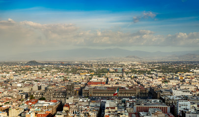 Naklejka premium Panorama of Mexico city central part from skyscraper Latino americano. View with buildings. Travel photo, background, wallpaper.