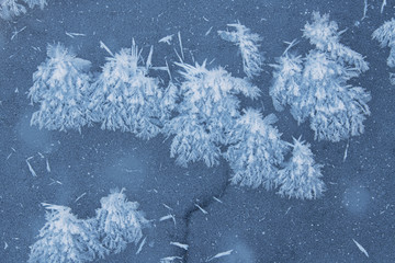 Close-up of hoarfrost on river ice, Michigan, USA