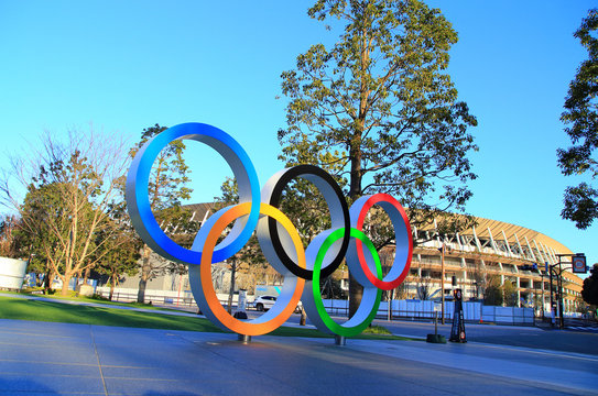 Tokyo, Japan, January 19, 2020, Olympic rings near the main stadium for the Tokyo Olympics
