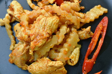 spicy stir fried bamboo shoot and chicken with curry on plate