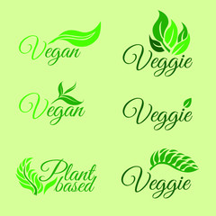 Set of green icons, logotypes for vegan, vegetarian, plant based products