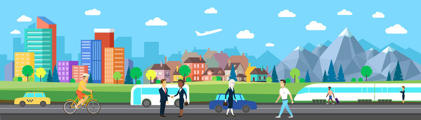 Obraz na płótnie Canvas Flat vector cartoon style illustration of urban landscape road with car, train skyline city office buildings, village, mountains. Panorama. People in business and casual wear, jeans. Bicyclist.