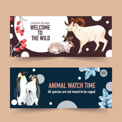 Winter animal banner design with mountain goat, penguin watercolor illustration. © photographeeasia