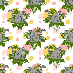 Seamess pattern with lemur and palm leaves. Сreative print for apparel, textile, packaging, wrapping paper, nursery decoration etc. © viairevi