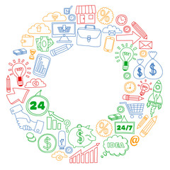 Business and management background. Pattern with finance icons. Conceptual illustration of projects organization, risk, development. Team working, budget planning.