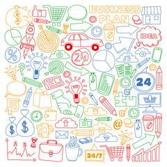 Business and management background. Pattern with finance icons. Conceptual illustration of projects organization, risk, development. Team working, budget planning.