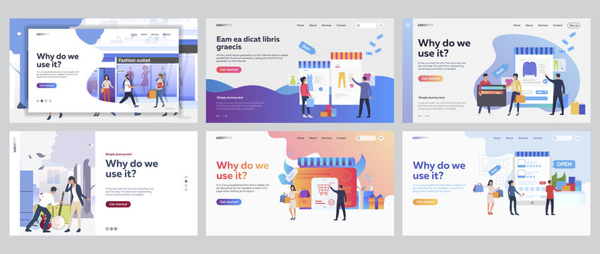 Shopping And Sale Set. Customers Buying Online, Fashion Store, Garage Sale. Flat Vector Illustrations. Commerce, Application Concept For Banner, Website Design Or Landing Web Page