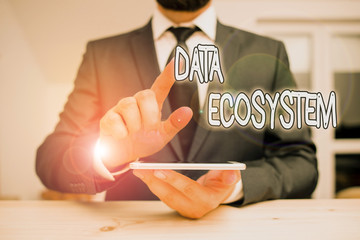 Word writing text Data Ecosystem. Business photo showcasing collection of infrastructure used to capture and analyze data Male human wear formal clothes present presentation use hi tech smartphone