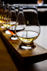 Flight of Scottish whisky, tasting glasses with variety of single malts or blended whiskey spirits on distillery tour in Scotland