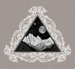 Night sky with mountains landscape in the shape of a triangle. Isolated vintage vector illustration. Invitation. Tattoo, travel, adventure, outdoors symbol.