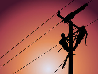 The silhouette of lineman are replacing damaged insulator insulators by using insulated wire-tong sets, tie stick and robe box sets in sliding wires going out in a safety working distance.