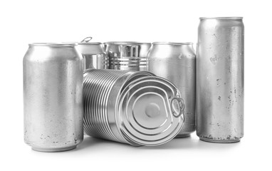 Metal cans on white background. Recycling concept