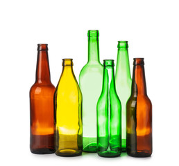 Glass bottles on white background. Recycling concept