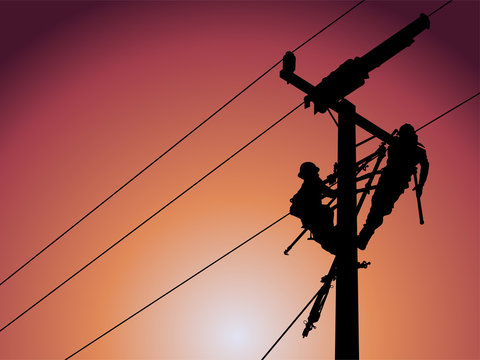 The silhouette of lineman are replacing damaged insulator insulators by using insulated wire-tong sets, tie stick and robe box sets in sliding wires going out in a safety working distance.