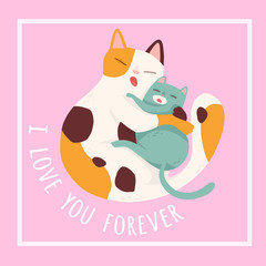 Vector illustration of a cute cat hugging. Cute romantic background with text "love you forever". Valentines concept card with cartoon character.