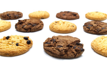 Assorted Chocolate chip cookies isolated on white background. Sweet biscuits delicious and crunchy homemade pastry.