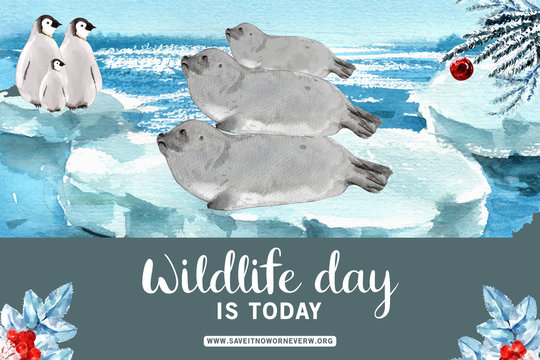 Winter animal frame design with sea lion, penguin watercolor illustration.