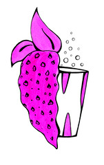 Strawberry fluorescent pink colors and a stylish Cup with soda. Isolated on white background. Drawn with a marker. Illustration, graphic.Print, sticker.Menu for the cafe.