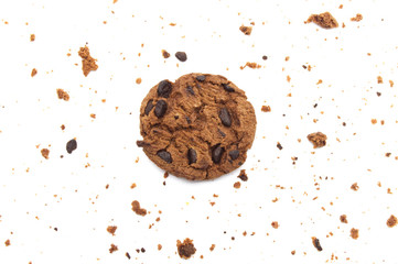 Chocolate chip cookies isolated on white background in Top view.