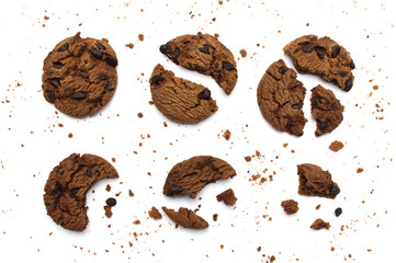 Set of bitten chocolate chip cookies isolated on white background in Top view.