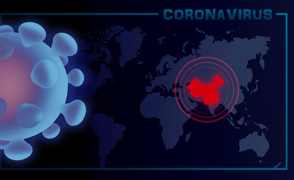 Coronavirus graphic design image with the sars virus closeup over a worldmap, with the center in China expanding