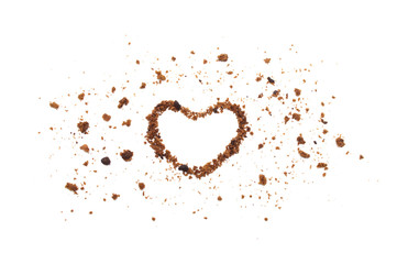 The shape of a heart line with crumbs from chocolate chip cookies isolated on white background.