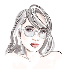 Hand-drawn young beautiful brunette girl in glasses. Fashion illustration of a stylish look. Vector for design t-shirts typography cards and posters.