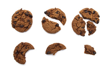 Chocolate chip cookies with some broken isolated on white background in Top view.