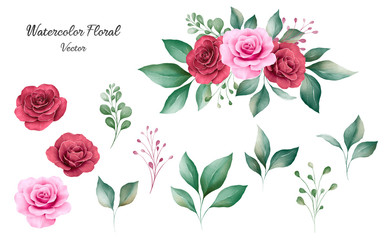 Set of watercolor floral elements vector of peach and burgundy rose flowers and leaves with bouquet. Romantic botanic illustration for wedding, greeting, and valentine card design vector