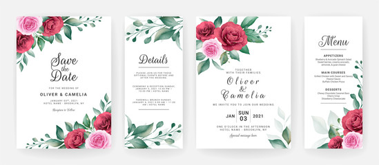 Wedding invitation card template set with watercolor floral arrangements and border. Flowers decoration for save the date, greeting, menu, details, poster, cover, etc. Botanic illustration vector