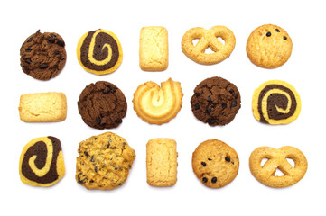 Collection of assorted cookies. Chocolate chip, oatmeal, raisin, Danish cookies and biscuits in the shape of a spiral pattern isolated on white background.