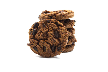 A stack of chocolate chip cookies crunchy delicious sweet meal and useful biscuits isolated on white background. Homemade pastry.