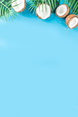 Tropical summer background with tropical palm leaves and coconuts, trendy turquoise, aquamarine...