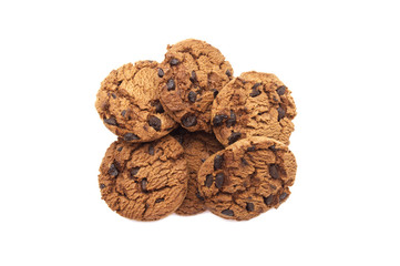 A pile of chocolate chip cookies crunchy delicious sweet meal and useful biscuits isolated on white background. Homemade pastry.
