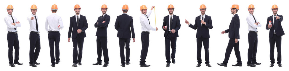 panoramic photo collage of confident architect isolated on white