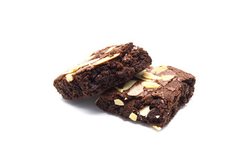 Both of chocolate brownies with sliced almond nuts toppings isolated on white background.