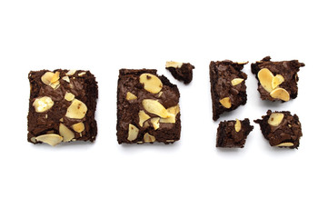 Set of Chocolate brownies with sliced almond nuts toppings broken isolated on white background.