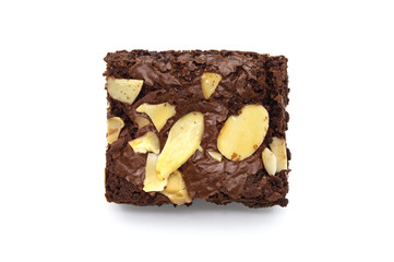 Single of chocolate brownie with sliced almond nuts toppings isolated on white background. Top view photograph.