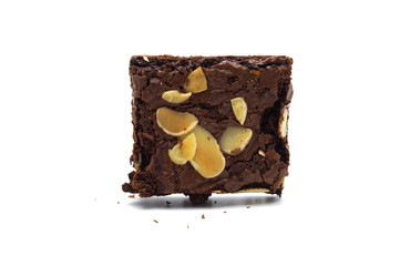Single of chocolate brownie with sliced almond nuts toppings isolated on white background.